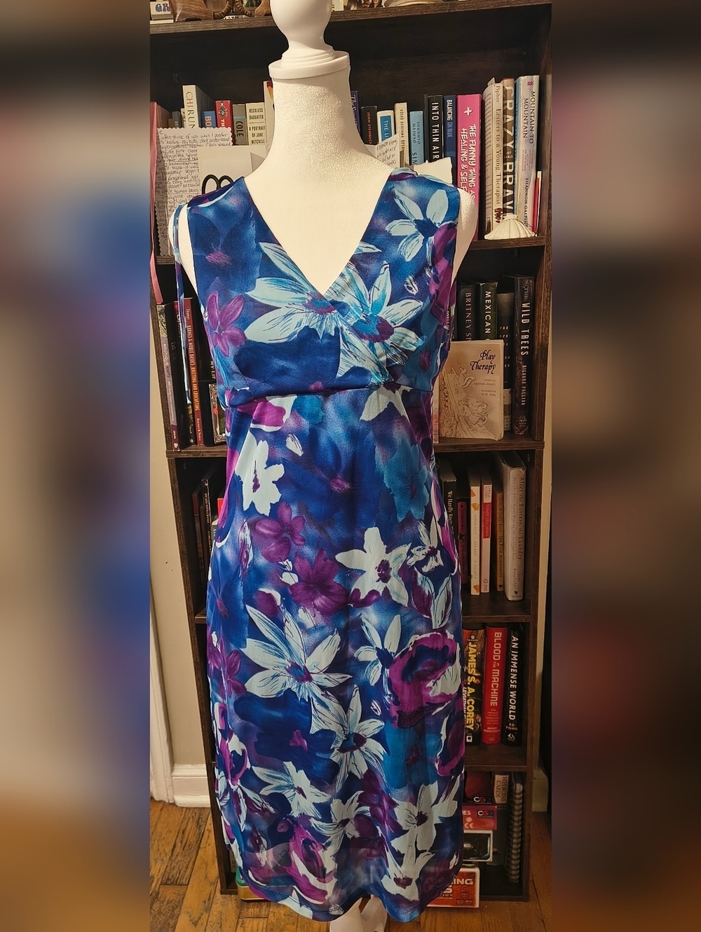 Blue & Purple Floral V-Neck Midi Dress Y2K Style Beachy Light Vintage Byer Too!